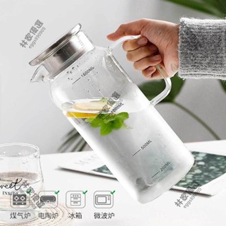 (林家優選)1.5L玻璃冷水壺 大容量帶刻度透明玻璃壺 高硼矽玻璃耐熱防爆水壺 玻璃茶壺 冷熱水壺 刻度水瓶 水瓶帶蓋