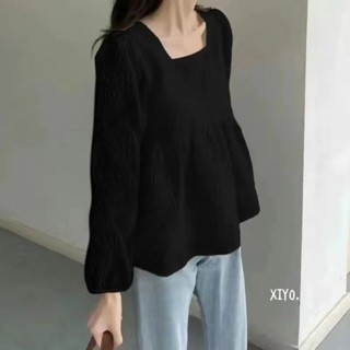 【雲裳集精品女裝】秋季新品24方領泡泡袖襯衫女遮肚子寬鬆長袖上衣法式肌理感娃娃衫