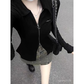 新店熱銷🉐 【3.1萬人好評】春秋季純慾修身設計感小眾拉鏈辣妹上衣女Polo領顯瘦氣質長袖T恤 BYDO
