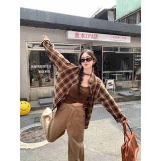 夏季 防曬衣 復古咖色格子長袖美式襯衫美拉德慵懶休閑寬松上衣外套新款辣妹風
