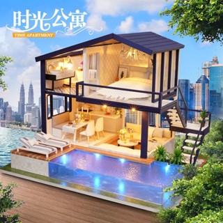 臺灣 出貨 袖珍屋DIY小屋手工別墅遊泳池模型超豪華房子時光公寓浪漫情侶 生日禮物