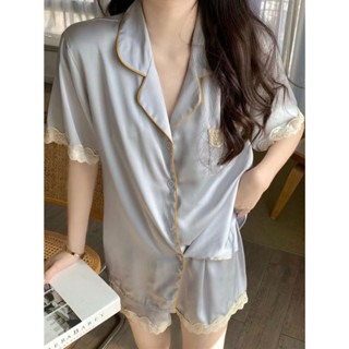 kfk&home冰絲睡衣 夏季睡衣 涼感睡衣女 睡衣套裝 短袖睡衣 蕾絲設計韓版睡衣 可外穿 開衫睡衣 ins 夏天 冰