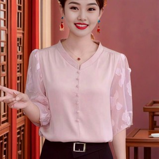 輕奢風寬鬆大碼修身顯瘦遮肚蕾絲設計感中袖氣質減齡洋氣女裝上衣 短袖衣服 夏季襯衫 短袖襯衫 大碼上衣 蕾絲中袖上衣