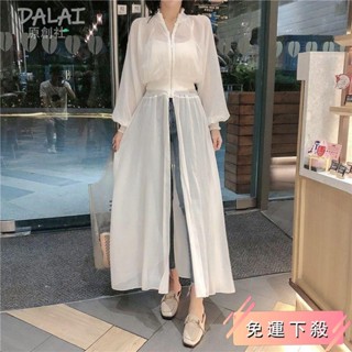 臺灣現出🔥洋裝 韓系穿搭夏天 罩衫 長裙 裙子 中長款洋氣春夏薄收腰長袖很仙的防曬衣小外套上衣女外套雪紡