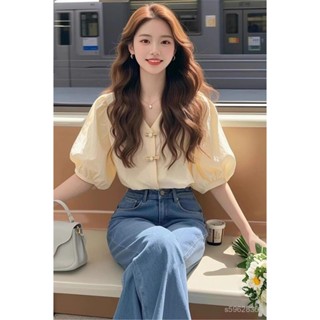 臺灣發貨免運🌈新中式杏色短袖襯衫女夏季輕奢高階感溫柔氣質法式泡泡袖盤扣上衣