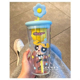 【HAO鑽】飛天小女警玻璃水杯女生高顏值大容量便攜果茶杯冷飲杯茶水分離耐高溫吸管杯生日禮物760ml