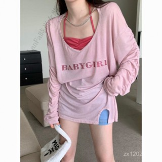 LanFa時尚女裝/長袖T恤 上衣女T恤 時尚韓版 寬鬆長袖 v領薄款防曬衣T恤女夏季設計感辣妹長袖寬鬆上衣空調衫背心
