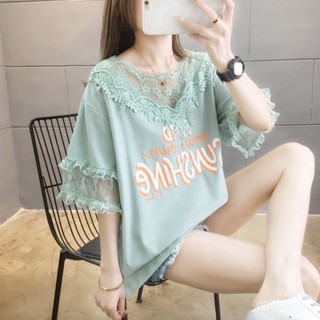 【胖丫女裝】胖mm大尺碼女裝 寬鬆大碼T恤 【店鋪熱銷】胖mm蕾絲大碼短袖T恤女年夏裝寬鬆減齡洋氣顯瘦拚接半袖上衣