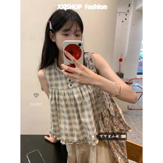 【XX|茜茜 SHOP】免運 設計感上衣 法式溫柔上衣 短袖T恤女 韓版上衣T恤 短袖襯衫 木耳邊格子無袖襯衫