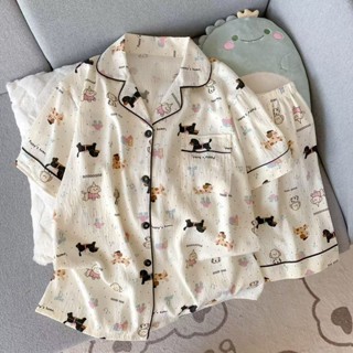 👚臺灣出貨👚短袖睡衣女 2025年新款夏季薄款寬松甜美套裝少女可外穿家居服 韓系休閒睡衣女 夏季寬鬆睡衣 短袖短褲兩件套