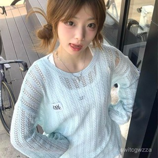 清倉💢💢美式鏤空慵懶風針織衫女夏季設計感破壞藍色防曬罩衫寬鬆長袖上衣 ERMX