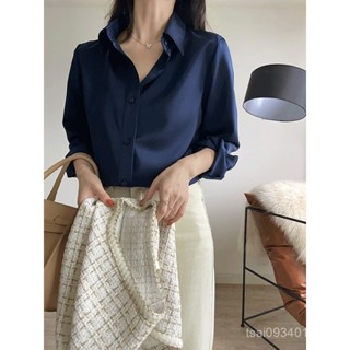 新店超好賣💋【2135人】ACHU藏藍色緞麵襯衫女長袖設計感小眾高階感藍色襯衣深藍秋裝上衣 5ZWA