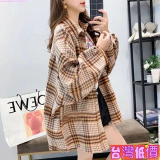 🩸風語🔆低價免運🔆磨毛加厚毛呢格子襯衫女寬鬆中長款春秋季新款港味百搭襯衫外套潮韓風女裝設計感女裝專櫃女裝襯衫上衣