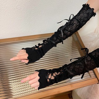 🧦臺灣出貨🧦 【2143次回購】個性綁帶蕾絲花邊手套ins潮夏季防曬鏤空拼接y2k亞文化暗黑袖套