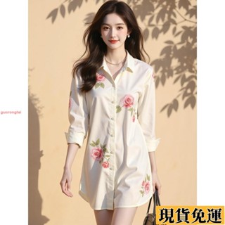 ✨品喬🌸限時下殺🌸2025春季新款女襯衣 白色Polo領玫瑰襯衫 高階感小眾 不撞款上衣 長袖中長款襯衣 法式優雅襯