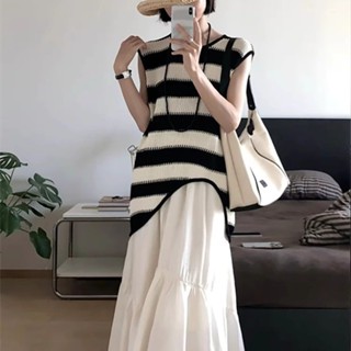 花漾衣櫥【店鋪熱銷】不規則鏤空條紋冰絲針織針織衫背心秋季新款修身夏季無袖馬甲上衣