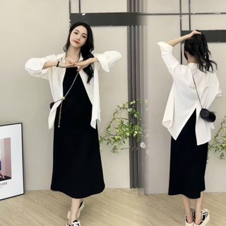 Luxi❤2025早春慵懶風大碼設計感開叉襯衣女襯衫外套中長款吊帶裙兩套裝 夏季套裝 遮肉套裝 女生套裝 連身套裝