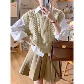 Tianx✨三件套裝春秋日係學院風針織毛衣馬甲背心搭配襯衫女+高腰百褶裙