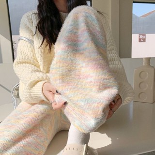 Luxi❤加絨加厚彩虹闊腿褲女仿水貂垂感針織高腰糯米褲子百搭顯瘦休閒褲