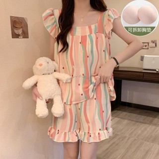Twiggie❥韓版睡衣大碼居家服兩件套韓國睡衣家居服清新甜美新款夏季泡泡棉短褲無袖吊帶套裝帶胸墊可拆卸睡衣薄款家居服