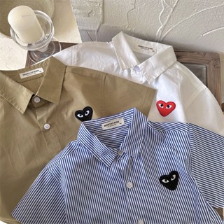 💗臺灣發貨 高品質💗【9231人收藏】兒童短袖襯衫2024夏男女童純色愛心貼標襯衫寶寶條紋短袖男童襯衫