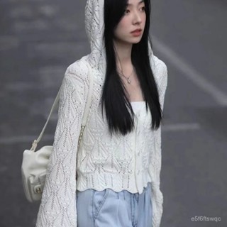 夏季爆款🔥【店鋪熱銷】韓係薄款針織外套女夏季設計感連帽防曬開衫小眾短款外搭罩衫上衣夏季穿搭 5FPI