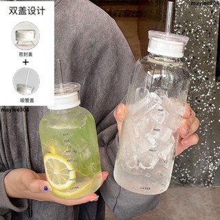 大促銷四 吸管杯 吸管雙蓋兩用高硼矽玻璃杯時間刻度便攜式隨行杯高顏值ins咖啡杯