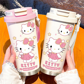 LEBETE凱蒂貓保溫杯 大容量女生便攜車載不銹鋼吸管咖啡杯 學生水杯 隨身杯 隨行杯 吸管杯 咖啡保溫杯 不鏽鋼杯