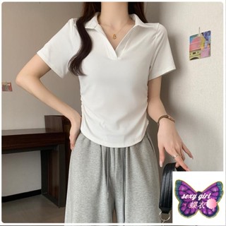 ☀全店免運☀M-4XL 正肩上衣 韓版polo領短袖T恤上衣 大尺碼女裝 夏天女裝 辣妹穿搭 修身顯瘦上衣 梨形身材jh