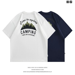 紅人館買手 夏季山系趣味插畫圓領短袖潮牌情侶戶外休閑寬松字母印花t恤男TEE 短袖 短t T恤 短袖上衣