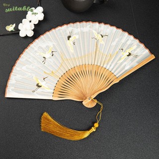 🪭夏日熱銷🪭瑞鶴圖女式摺扇旗袍漢服隨身新中式中國風兒童古風折疊扇子仙鶴夏 古風扇 舞蹈扇 粽葉扇子 手搖扇 扇子