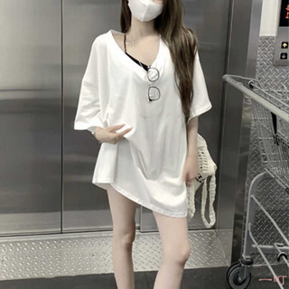 【2XL-8XL大尺碼】💕短袖t恤 大尺碼上衣 短袖上衣胖MM大碼300斤慵懶風冰絲短袖T恤女夏季休閒V領寬鬆顯瘦00