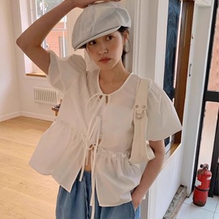 【PING'S🌞】韓國 chic 夏季 小眾 設計感 圓領 系帶 兩穿 拼接 木耳邊 百搭 泡泡袖 襯衫 女