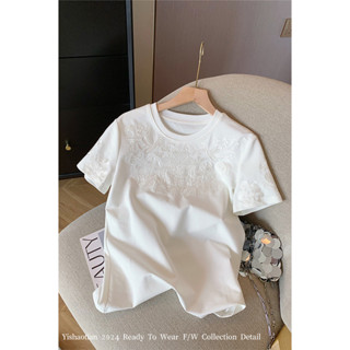 【3938人收藏】外貿尾貨~限時清倉新中式白色刺繡圓領短袖T恤女國風寬鬆純棉上衣💯免運