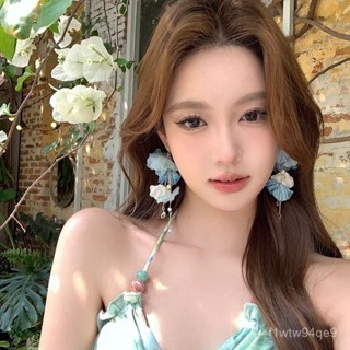 【臺灣48H🚚】夏日藍色花朵流蘇耳環 2025新款絶美誇張海邊度假風耳飾 夏天耳環