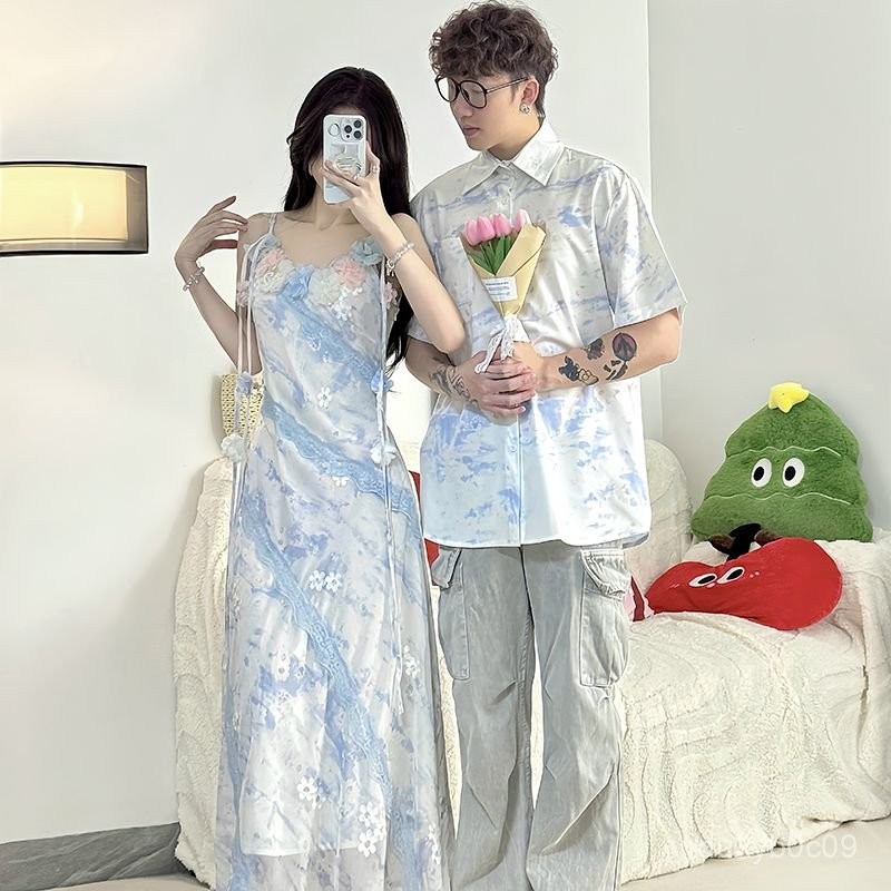 韓國情侶 情侶衣情侶裝t恤 海邊風小眾設計感 情侶裝 夏季新款 吊帶女連衣裙 法式一裙一衣ins潮