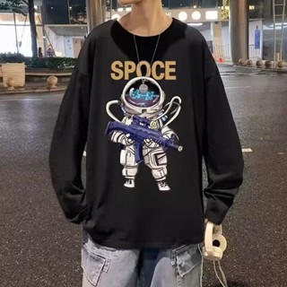【XIU】☆加大碼M-8XL 卡通宇航員趣味印花衣服 大尺碼長袖T恤 圓領上衣 寬鬆 顯瘦 落