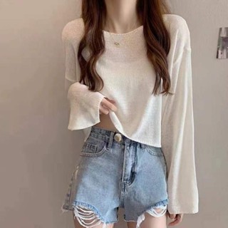 四色入👗外搭防曬衣👗2024夏季新款韓版短款百搭純色寬松冰絲長袖針織衫女防曬罩衫 正韓上衣 女生衣著
