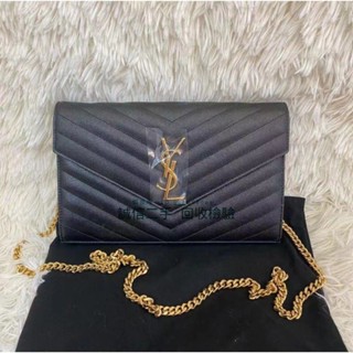 二手 YSL聖羅蘭 MONOGRAM 鏈條包 WOC 信封包 377828 金扣 荔枝牛皮銀鍊 斜背肩背 皮夾包