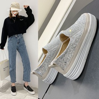 新款優惠 懶人鞋 帆布鞋女 鞋子女增高春季新款懶人鞋女一腳蹬百搭亮片厚底休閒帆布鞋樂福鞋