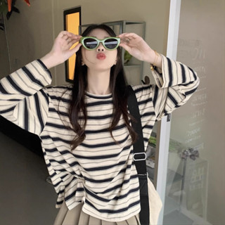 ✨臺灣出貨🔥圓領條紋長袖T恤女秋季新款設計感寬鬆顯瘦休閒學生開叉上衣