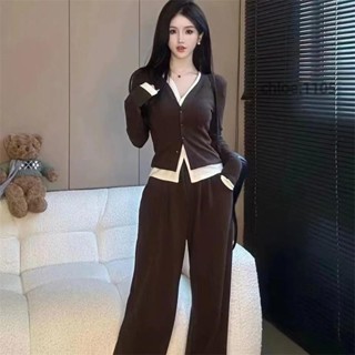 【臺灣出貨】韓係穿搭別緻設計感假兩件開衫上衣+百搭高腰鬆緊闊腿褲 套裝 新款 爆款 韓版 高階感 時尚運動休閒套裝 潮