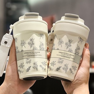 咖啡保溫杯 保冷杯 手提保溫瓶 外帶咖啡杯 隨身杯 保溫杯316不鏽鋼咖啡杯吸管水杯車載學生隨行車載英文山茶花