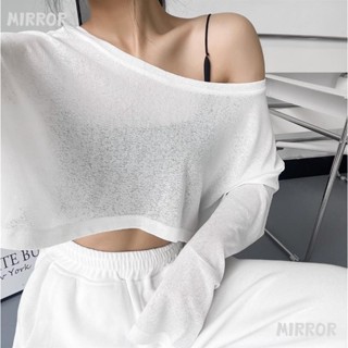 ✨臺灣出貨✨ t恤 上衣 女裝 短袖 短袖上衣 女生上衣 辣妹性感斜領露肩短款上衣 薄款透視慵懶風罩衫防曬長袖T恤 寬鬆