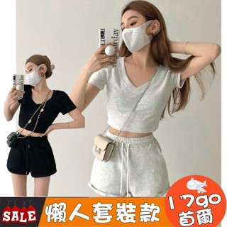 美式時尚套裝女 夏天套裝 運動套裝 韓版簡約風領短袖恤+高腰鬆緊褲子兩件套 短版上衣 休閒套裝50605225