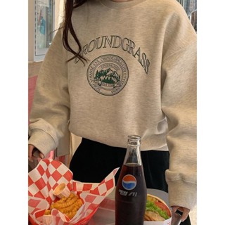 【Puffkten】韓國chic氣質刷毛加厚套頭圓領印花大學T女秋冬季復古港風長袖上衣