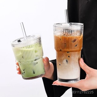 【桃園出貨】大容量ins條紋咖啡杯玻璃杯耐熱帶蓋吸管果汁冷飲水杯高顔值杯子