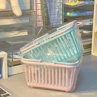 臺灣出貨可愛馬卡龍色手提收納籃粉色少女心貼紙文具雜物飾品桌麵收納籃子