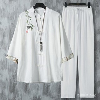 漢服 唐裝 中國風男裝 民族風服飾 棉麻衣服 夏季民族風棉麻七分袖襯衫 吸濕透氣 寬鬆版型 中式立領 夏季男生衣服