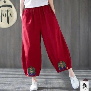 免運🔥春夏季新款民族風女褲 文藝復古刺繡松緊腰 燈籠褲 休閑九分褲子 長褲女 薄長褲 夏天長褲 休閑長褲